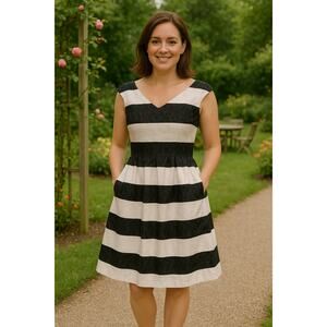 Peruvian Connection Fit & Flare Dress Womens Size 12 Cotton Pockets Black White